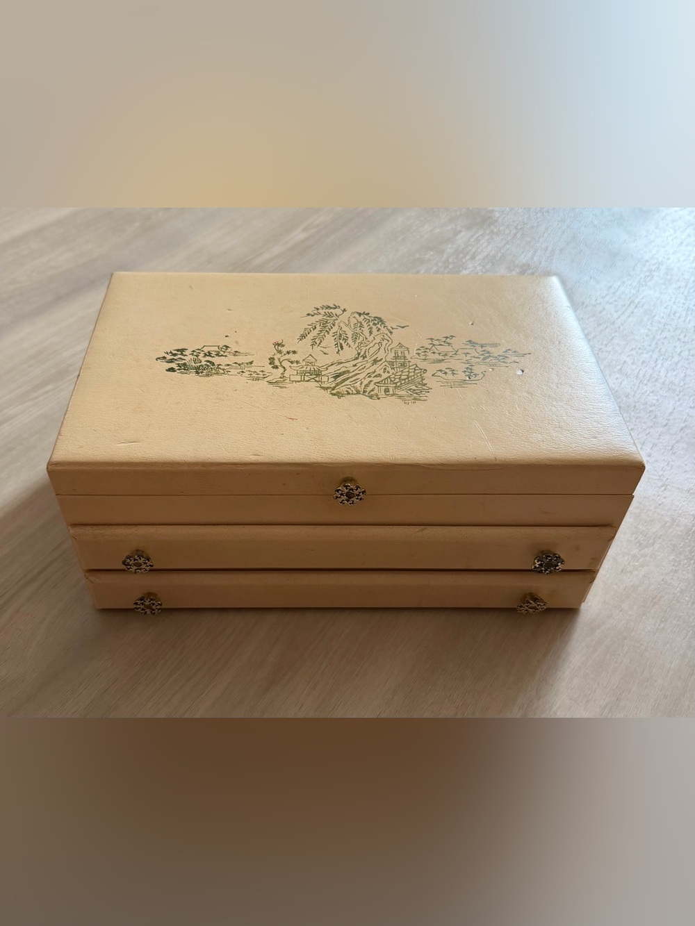 Vintage Mid Century Jewelry Box Faux Leather Ivory Red Lining